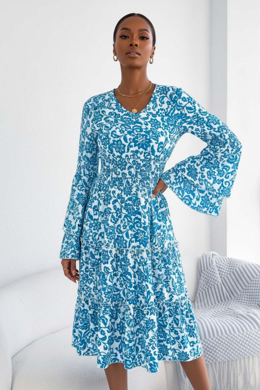 : Mannequin portant la Robe Imprimé Floral Smockée Volants Black-Coat bleu et blanc - vue de face montrant le décolleté en V, la taille smockée et les manches évasées