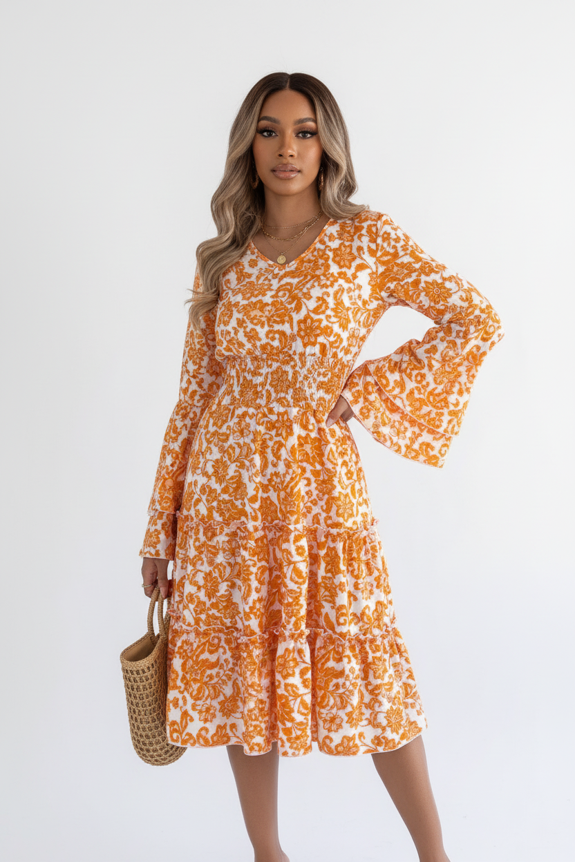  Mannequin portant la Robe Imprimé Floral Smockée Volants Black-Coat orange et blanc - vue de face montrant le décolleté en V et la taille smockée