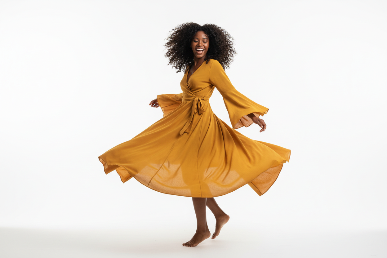 Robe jaune moutarde en mouvement