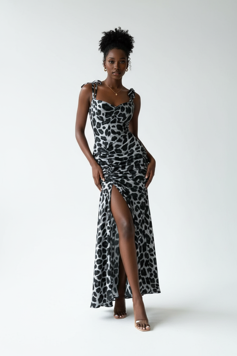 Robe maxi léopard Black-Coat portée en pose décontractée - mannequin montrant la polyvalence du style et le confort élégant de cette pièce sophistiquée à prix doux
