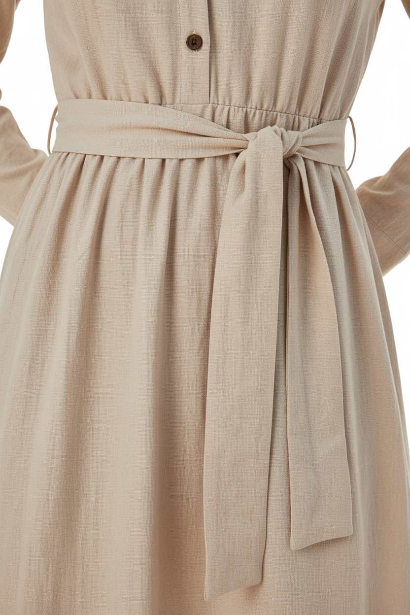 Robe longue ceinture à nouer avec volants kaki beige - détail rapproché de la ceinture ajustable à nouer marquant la taille, construction de la ceinture, silhouette cintrée flatteuse, ajustement personnalisé - BLACK-COAT