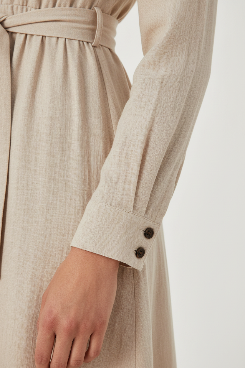 Robe longue ceinture à nouer avec volants kaki beige - détail rapproché des manches longues élégantes montrant les détails boutons aux poignets, texture du tissu, coupe sophistiquée des manches - BLACK-COAT