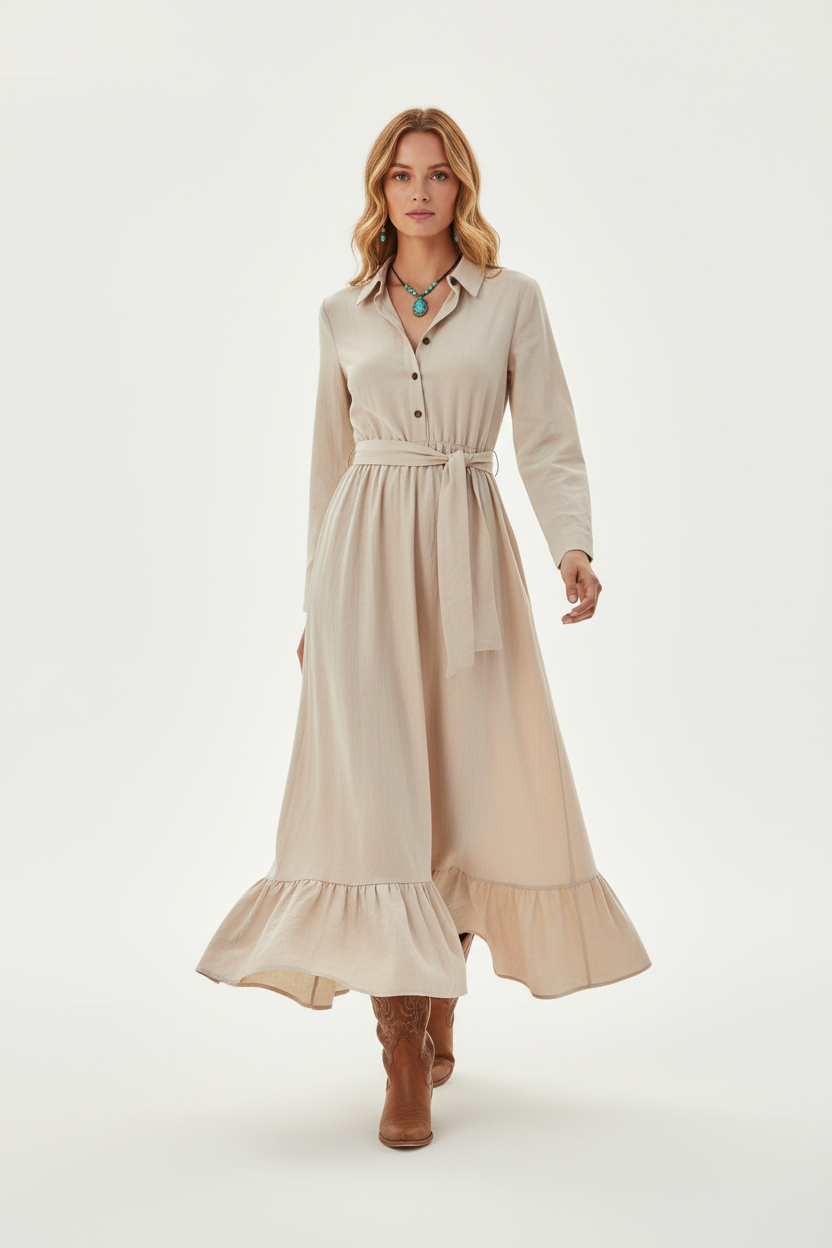  Robe longue ceinture à nouer avec volants kaki beige - vue en mouvement montrant les volants créant mouvement gracieux romantique à chaque pas, drapé fluide du tissu maxi, féminité élégante en action - BLACK-COAT