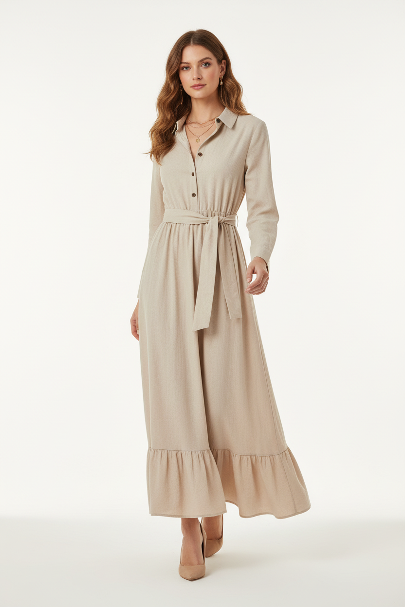 Robe longue ceinture à nouer avec volants kaki beige - stylée pour occasion élégante romantique montrant la polyvalence du vêtement, tenue invitée mariage, féminité élégante sophistiquée - BLACK-COAT