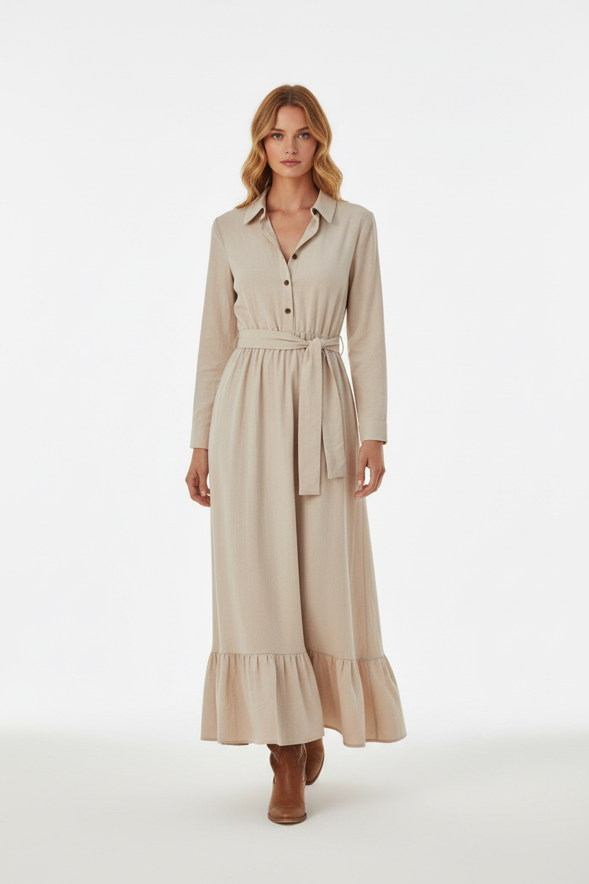  Robe longue ceinture à nouer avec volants kaki beige - vue de face montrant la ceinture ajustable à nouer marquant la taille, ourlet à volants romantique féminin, manches longues élégantes avec boutons, longueur maxi fluide, élégance romantique - BLACK-COAT