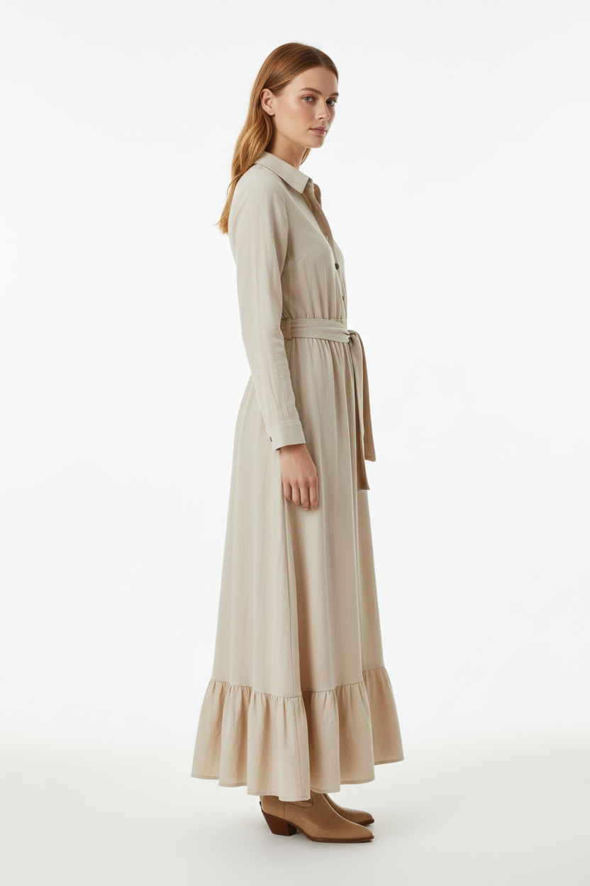 Robe longue ceinture à nouer avec volants kaki beige - vue de profil latéral montrant la ceinture à nouer visible depuis le côté, volants romantiques, drapé fluide du tissu, longueur maxi élégante, silhouette flatteuse - BLACK-COAT