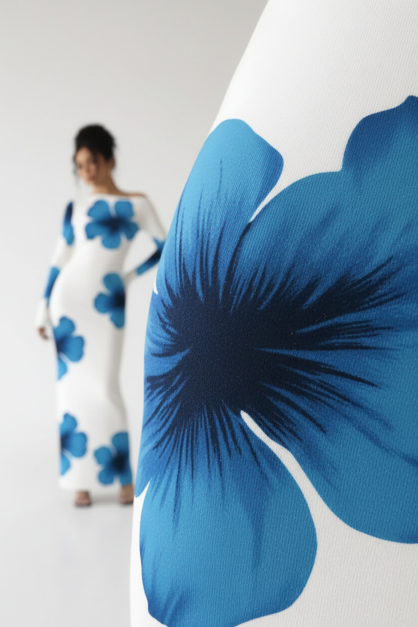 "Robe maxi blanche imprimé floral bleu épaule asymétrique - gros plan détail imprimé floral montrant les grandes fleurs bleues audacieuses sur fond blanc pur, contraste vibrant, qualité impression tissu, motif floral artistique sophistiqué, fond blanc studio BLACK-COAT"