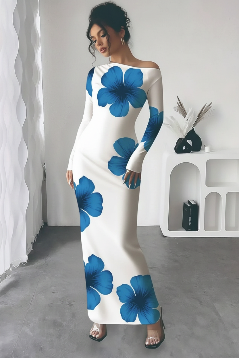 "Robe maxi blanche imprimé floral bleu épaule asymétrique - look bohème estival élégant complet montrant la robe sophistiquée avec décolleté asymétrique one-shoulder une épaule dénudée, manches longues ajustées, silhouette moulante bodycon, ourlet maxi longueur sol, imprimé floral audacieux grandes fleurs bleues sur fond blanc pur, silhouette confiante chic bohème, fond blanc studio professionnel BLACK-COAT"