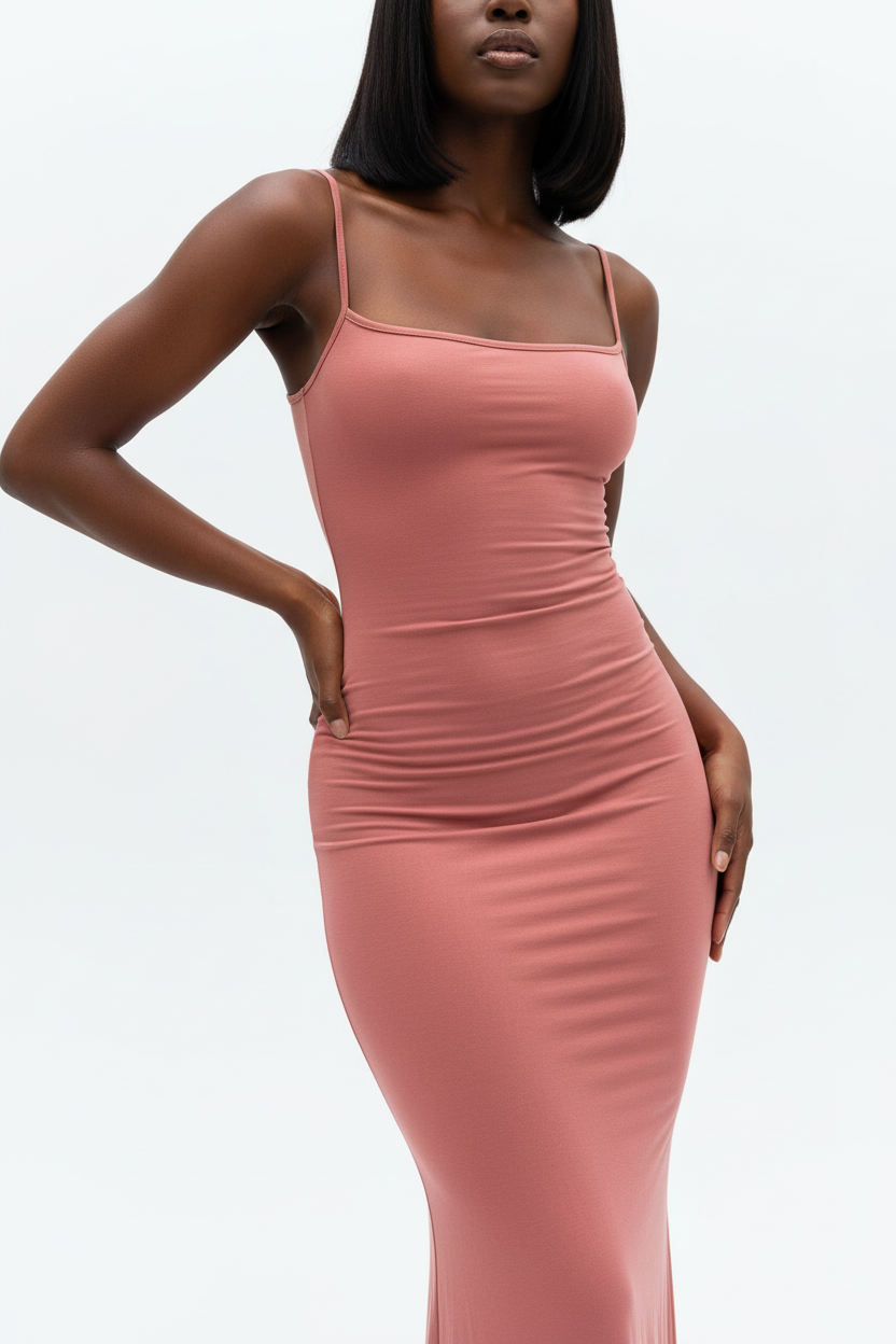  Détail de l'encolure carrée et de la taille froncée de la Robe Maxi Bodycon Black-Coat corail - montrant la finition premium