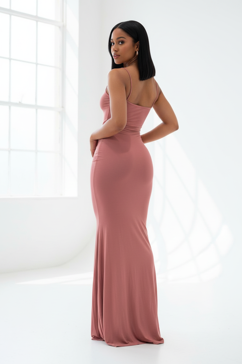  Détails dos de la Robe Maxi Bodycon Bretelles Spaghetti Black-Coat corail - montrant la coupe ajustée et la longueur maxi sophistiquée