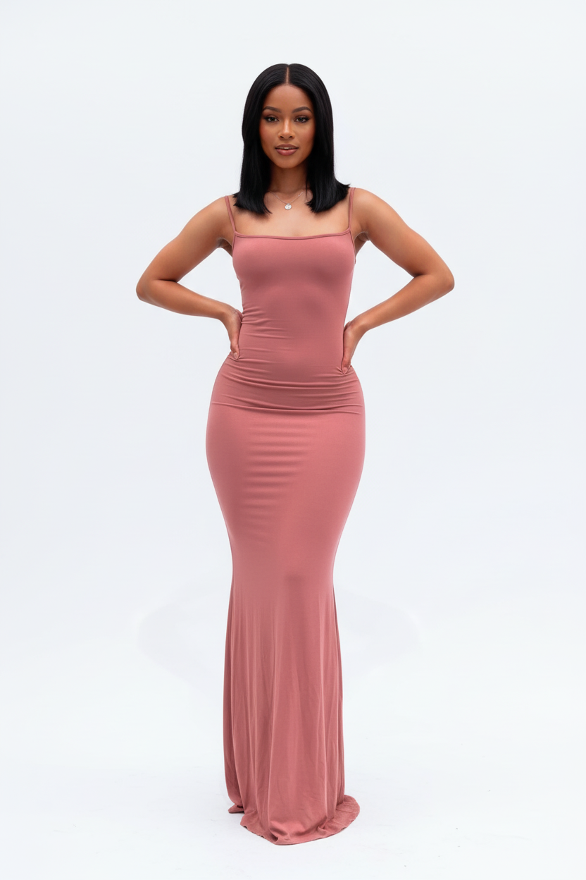  Mannequin portant la Robe Maxi Bodycon Bretelles Spaghetti Black-Coat corail - vue de face montrant l'encolure carrée et la taille froncée moulante