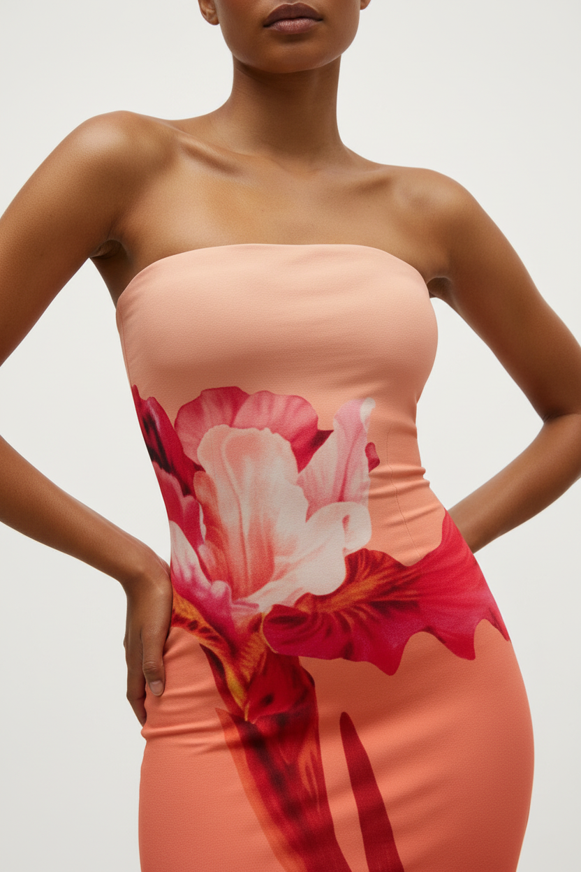 "Robe maxi bodycon bustier imprimé floral corail rouge - gros plan détail décolleté bustier bandeau sans bretelles montrant la construction du haut bustier ajusté, corsage moulant, imprimé floral corail, finition couture soignée, fond blanc studio BLACK-COAT"