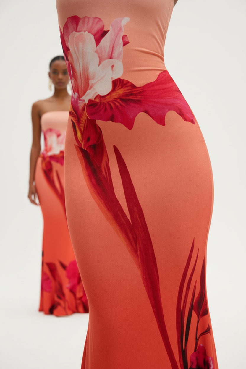 "Robe maxi bodycon bustier imprimé floral corail rouge - gros plan détail imprimé floral montrant les grandes fleurs rouges roses audacieuses, dégradé de couleur corail orange vibrant, qualité impression tissu, motif floral artistique sophistiqué, fond blanc studio BLACK-COAT"
