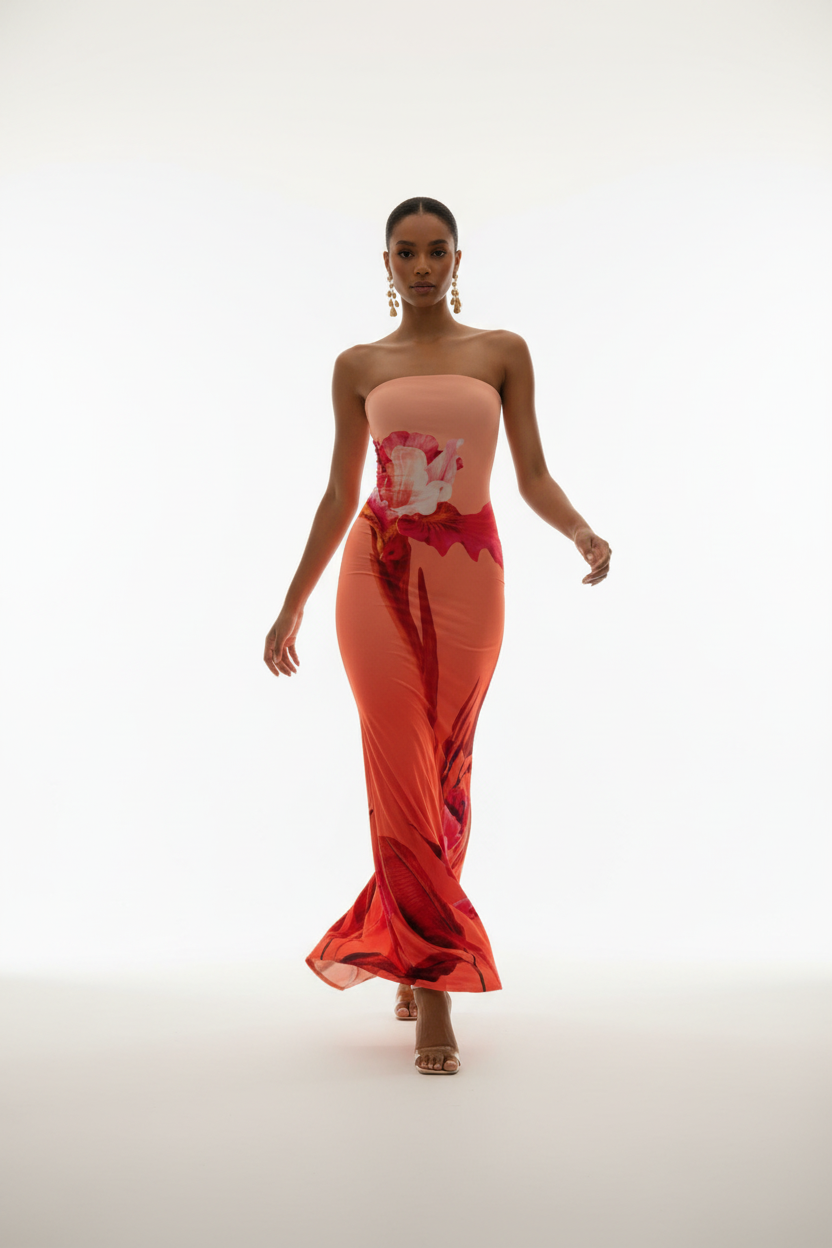 "Robe maxi bodycon bustier imprimé floral corail rouge - en marche mouvement naturel montrant la robe portée en mouvement, ourlet maxi qui bouge élégamment, imprimé floral vibrant, silhouette dynamique glamour, fond blanc studio BLACK-COAT"