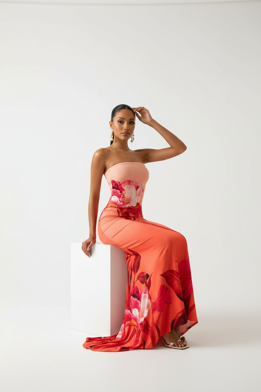  "Robe maxi bodycon bustier imprimé floral corail rouge - vue assise montrant le drapé naturel de la robe en position assise, confort et élégance, décolleté bustier, imprimé floral vibrant, mannequin sur cube blanc, fond blanc studio BLACK-COAT"