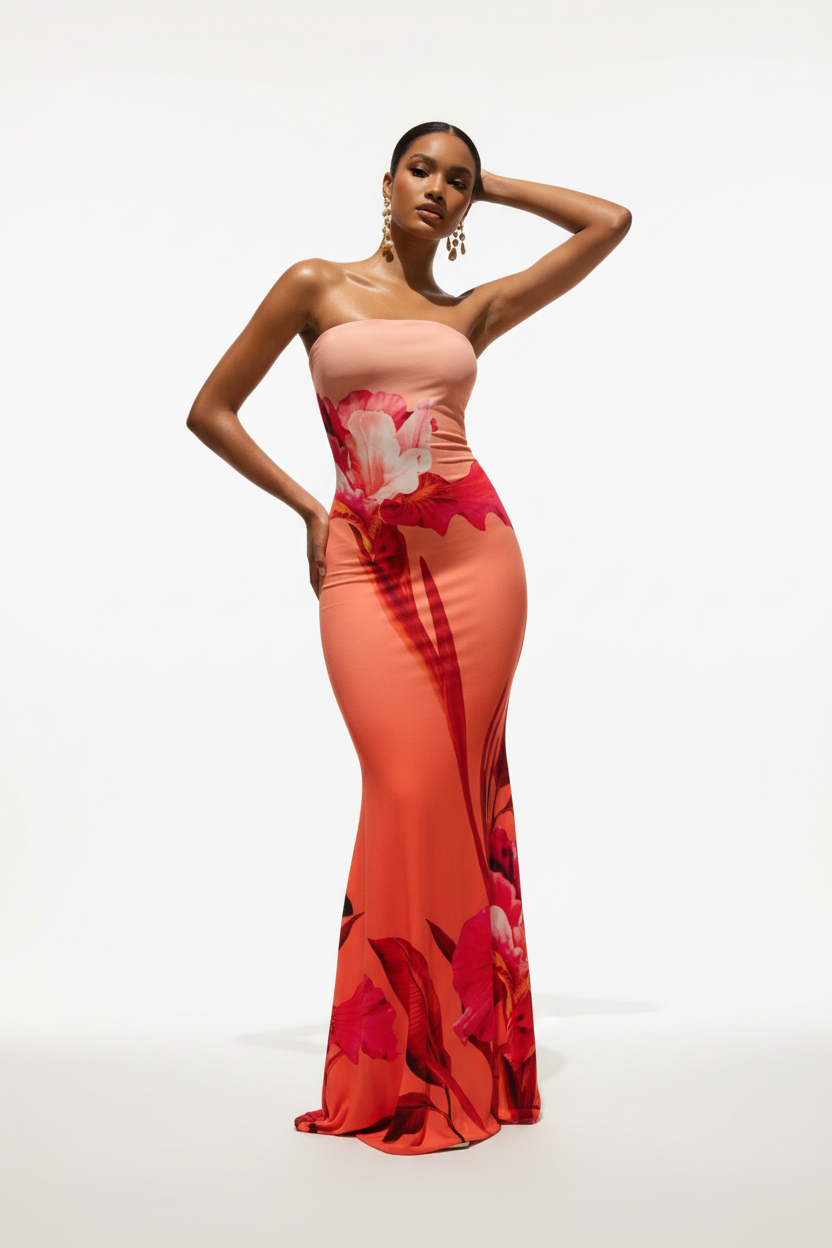 "Robe maxi bodycon bustier imprimé floral corail rouge - look soirée estivale glamour complet montrant la robe de soirée sophistiquée avec décolleté bustier bandeau sans bretelles, silhouette moulante bodycon sculptante ajustée, ourlet maxi sirène longueur sol, imprimé floral audacieux grandes fleurs rouges roses sur dégradé corail orange vibrant, silhouette confiante chic, fond blanc studio professionnel BLACK-COAT"