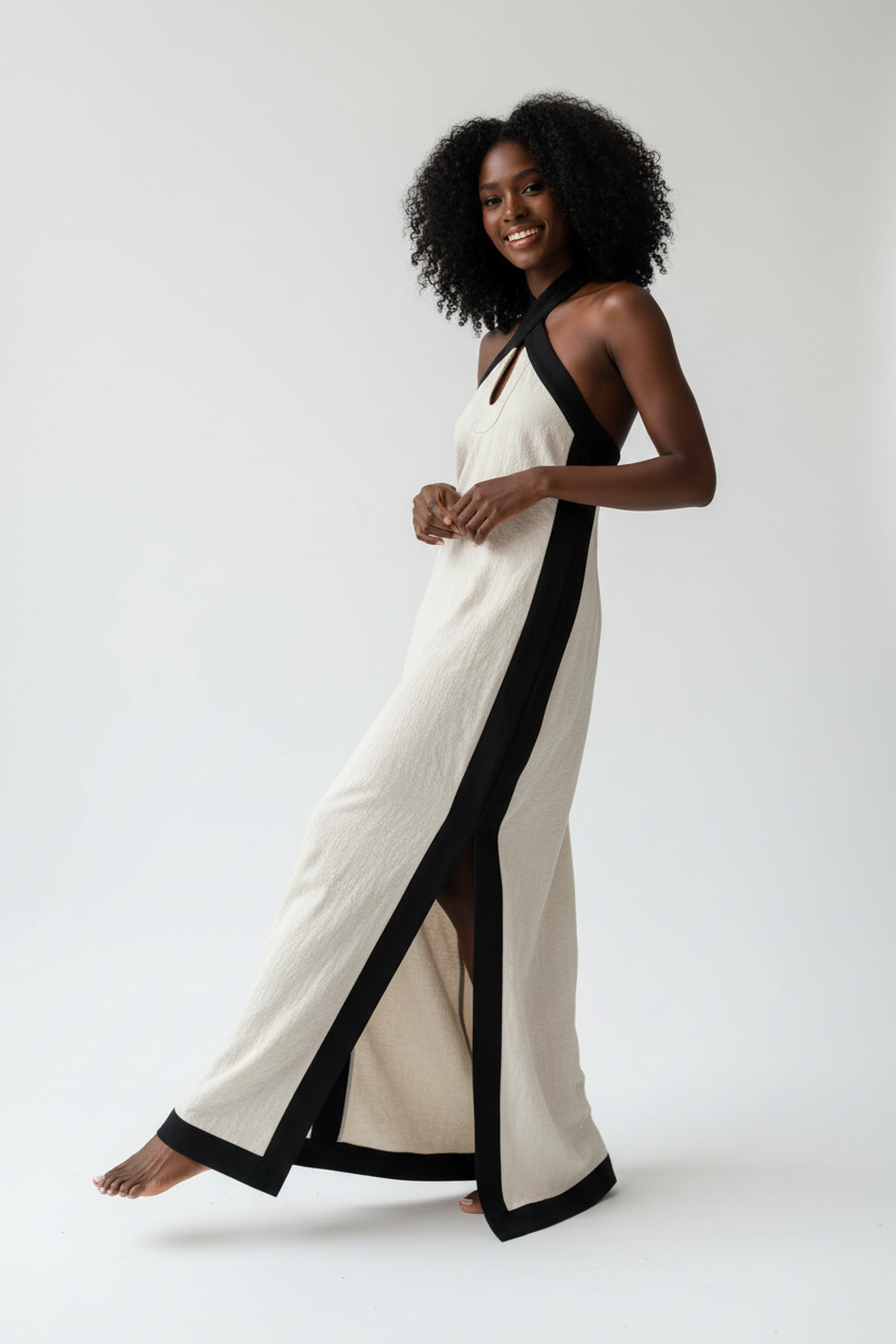  Robe Maxi Dos-Nu Contrastée Black-Coat - angle diagonal révélant la fente latérale audacieuse et la coupe fluide