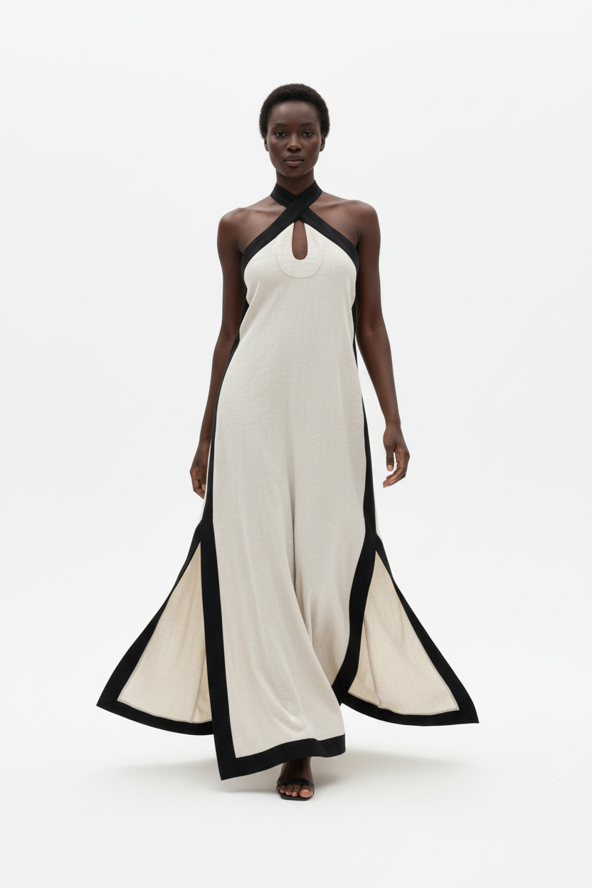  Robe Maxi Dos-Nu Contrastée Black-Coat - vue dynamique en marche illustrant la fente latérale et l'allure confiante