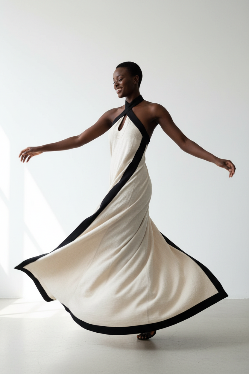 Robe Maxi Dos-Nu Contrastée Black-Coat en mouvement - capture dynamique montrant la fente latérale et l'amplitude de la robe