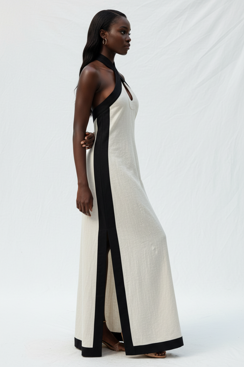  Robe Maxi Dos-Nu Contrastée Black-Coat - vue de profil dévoilant la longueur maxi élégante et le détail du col halter