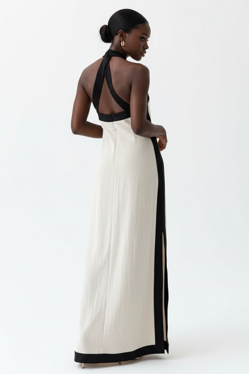 Détails dos de la Robe Maxi Dos-Nu Contrastée Black-Coat - montrant le col halter dos-nu et les bordures contrastées sophistiquées