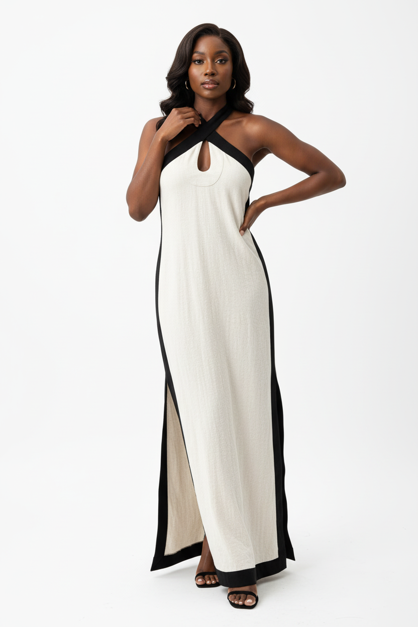annequin portant la Robe Maxi Dos-Nu Contrastée Black-Coat blanche et noire - vue de face montrant le col halter croisé élégant et les bordures contrastées