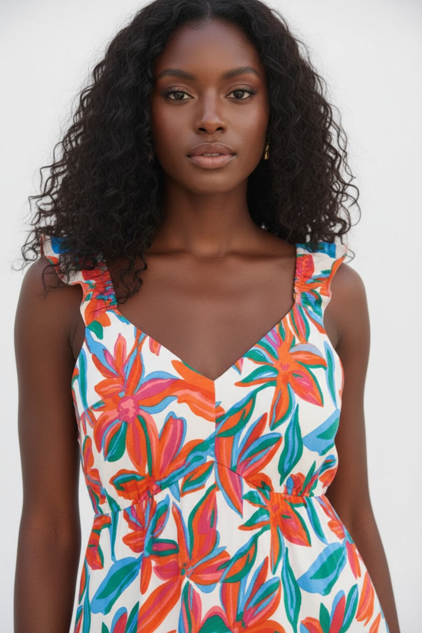 Détail du décolleté en V et des bretelles volantées de la Robe Maxi Black-Coat multicolore - montrant la finition premium