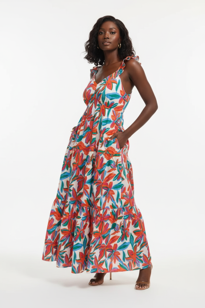  Robe Maxi Imprimé Floral Black-Coat multicolore - angle diagonal révélant l'imprimé floral multicolore vibrant