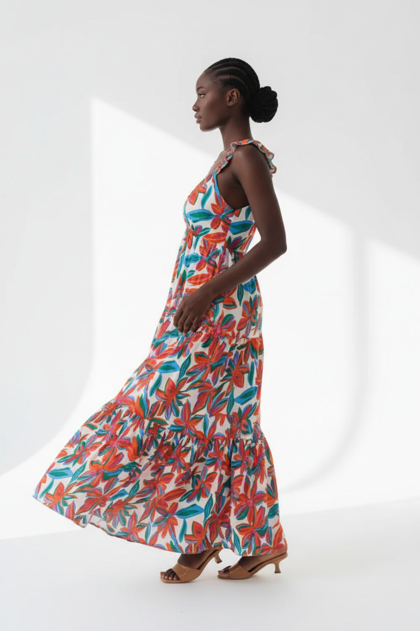 Robe Maxi Imprimé Floral Black-Coat multicolore - vue de profil dévoilant la silhouette bohème élégante