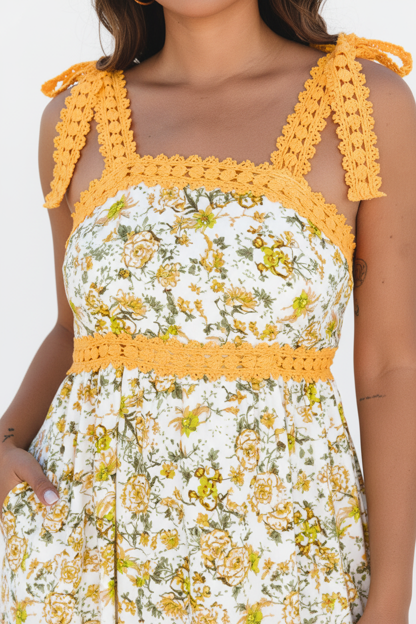 Robe maxi florale détail rapproché montrant les bordures crochet jaune artisanales, l'imprimé floral délicat et les finitions de qualité - BLACK-COAT