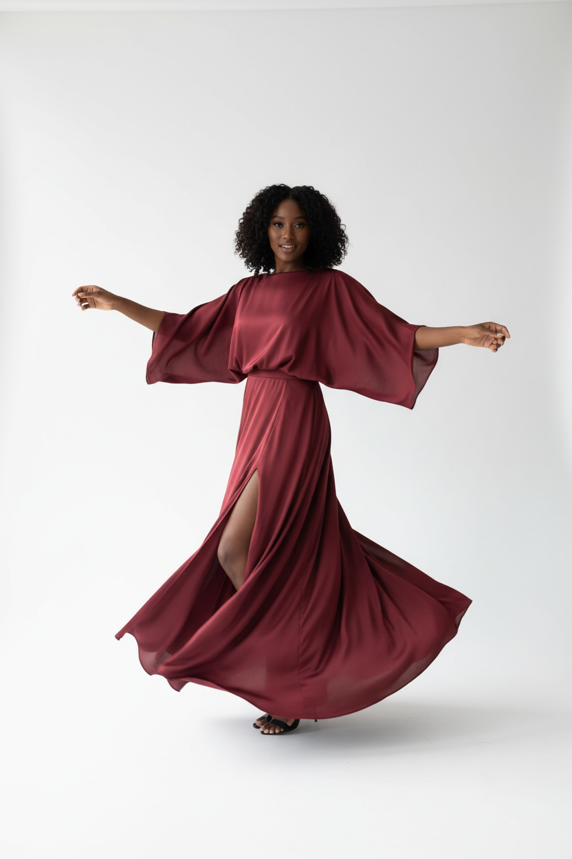  Robe Maxi Manches Chauve-Souris Black-Coat bordeaux en mouvement - capture dynamique montrant la fente latérale et l'amplitude des manches
