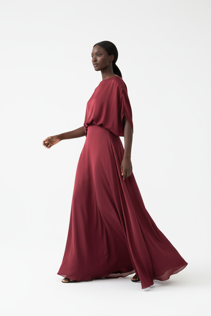  Robe Maxi Manches Chauve-Souris Black-Coat bordeaux - vue trois-quarts en mouvement révélant les manches chauve-souris fluides et la silhouette élégante