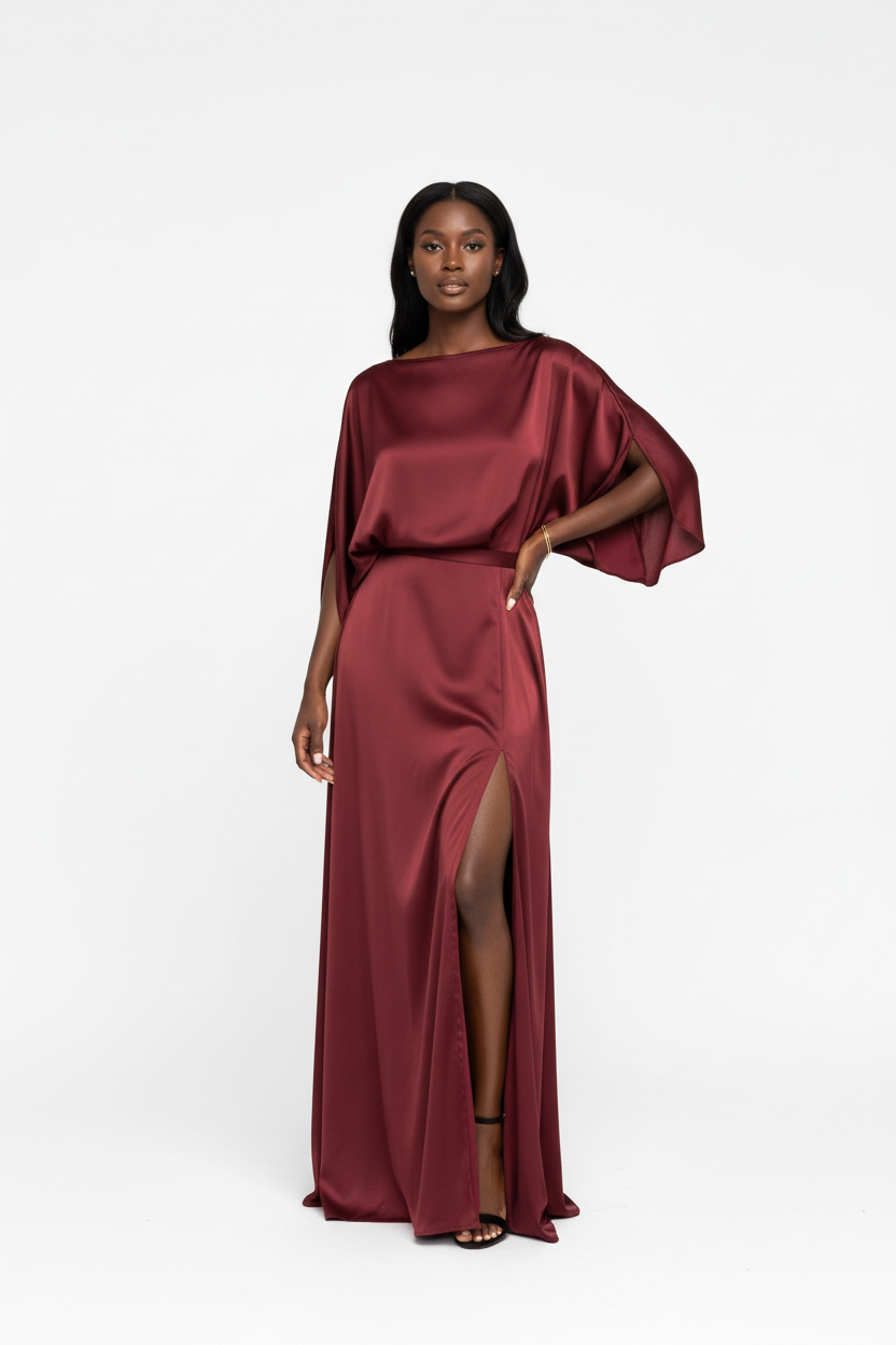  Mannequin portant la Robe Maxi Manches Chauve-Souris Black-Coat bordeaux - vue de face montrant l'encolure bateau et les manches chauve-souris élégantes avec fente latérale