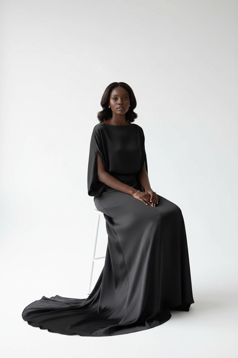  Robe Maxi Manches Chauve-Souris Black-Coat noire - pose assise montrant le drapé élégant et le confort