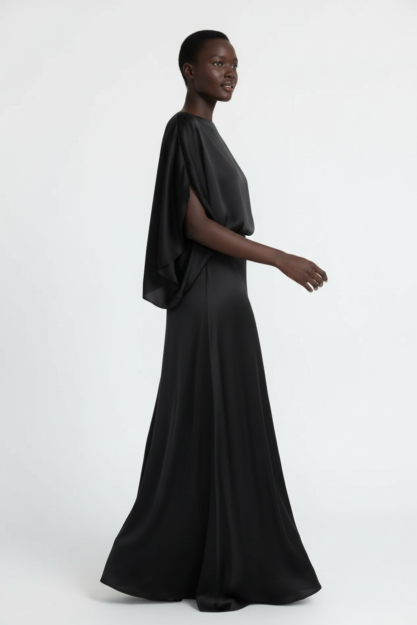  Robe Maxi Manches Chauve-Souris Black-Coat noire - vue de profil dévoilant la silhouette élégante et les manches fluides