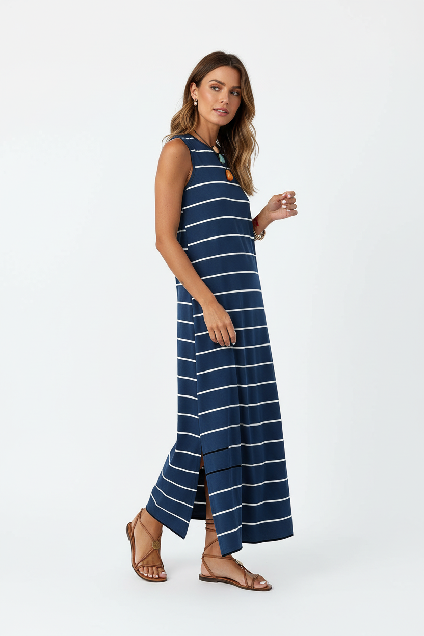Robe maxi rayée bleu marine et blanc vue trois-quarts montrant l'ensemble du design avec rayures, style décontracté et élégance estivale - BLACK-COAT