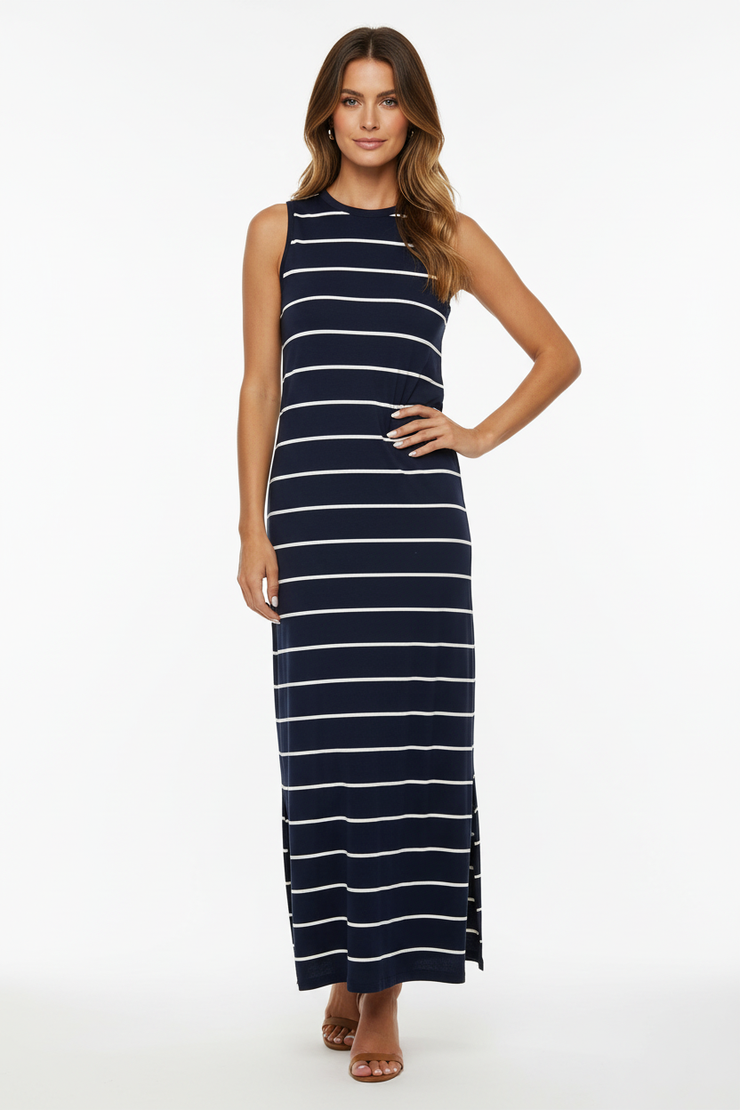 Robe maxi sans manches rayée pose confiante montrant la coupe flatteuse, le style estival élégant et la longueur maxi sophistiquée - BLACK-COAT