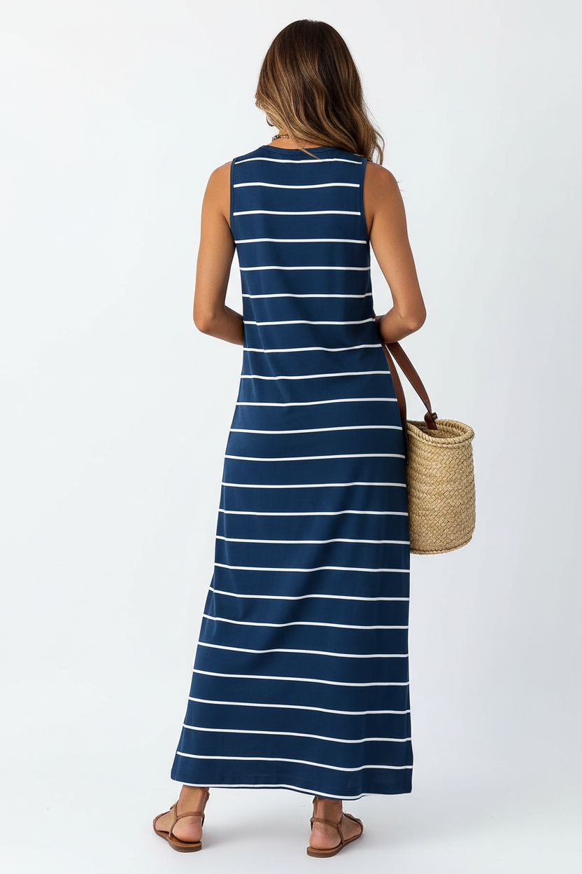 Robe maxi sans manches rayée vue de dos montrant la longueur maxi élégante, les rayures continues et la coupe décontractée confortable - BLACK-COAT