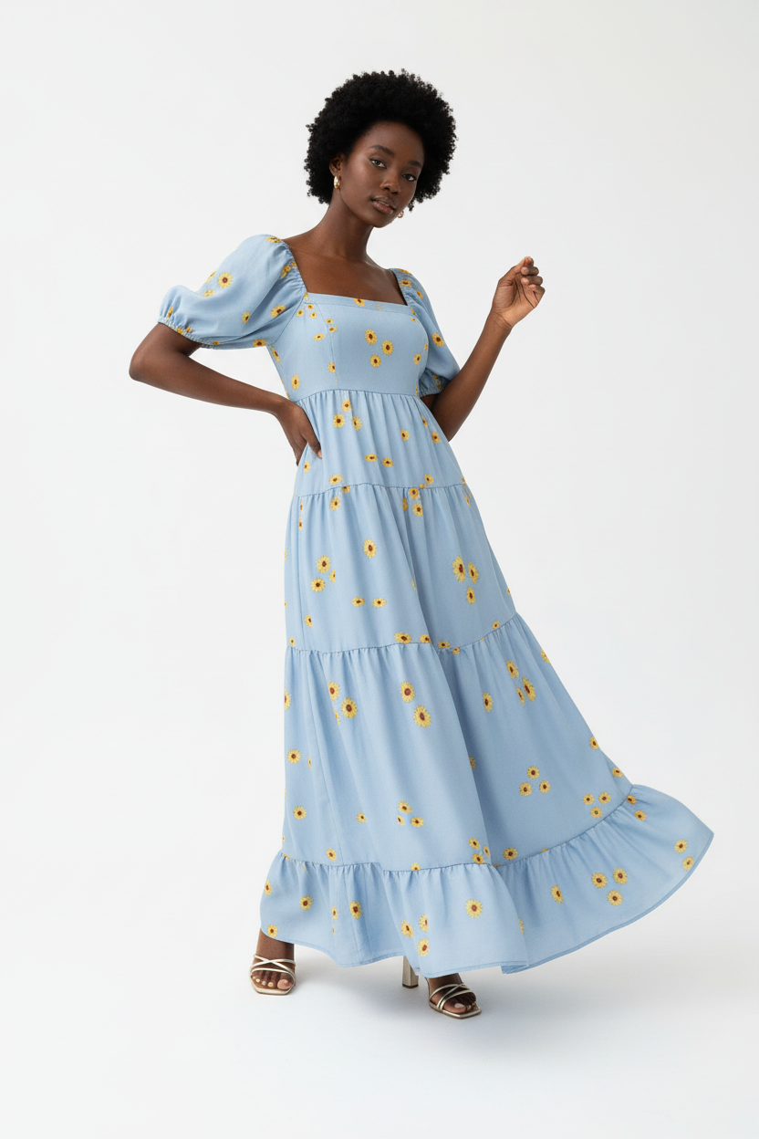  Robe Maxi Étagée à Imprimé Marguerites Black-Coat bleu clair - angle diagonal révélant les détails des volants étagés