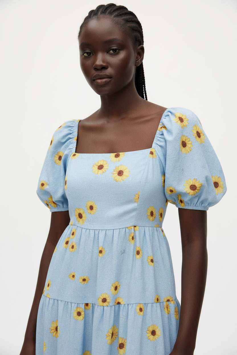  Détail de l'encolure carrée et des manches bouffantes de la Robe Maxi à Imprimé Marguerites Black-Coat - montrant l'imprimé marguerites jaunes