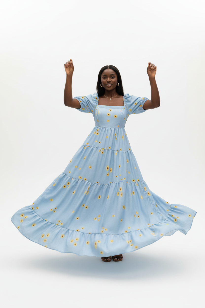  Robe Maxi Étagée à Imprimé Marguerites Black-Coat bleu clair en mouvement - capture dynamique montrant l'amplitude des volants étagés et l'imprimé marguerites