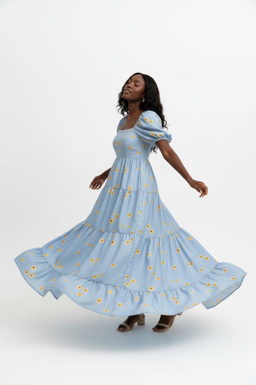  Robe Maxi Étagée à Imprimé Marguerites Black-Coat bleu clair en mouvement - capture dynamique montrant l'amplitude des volants