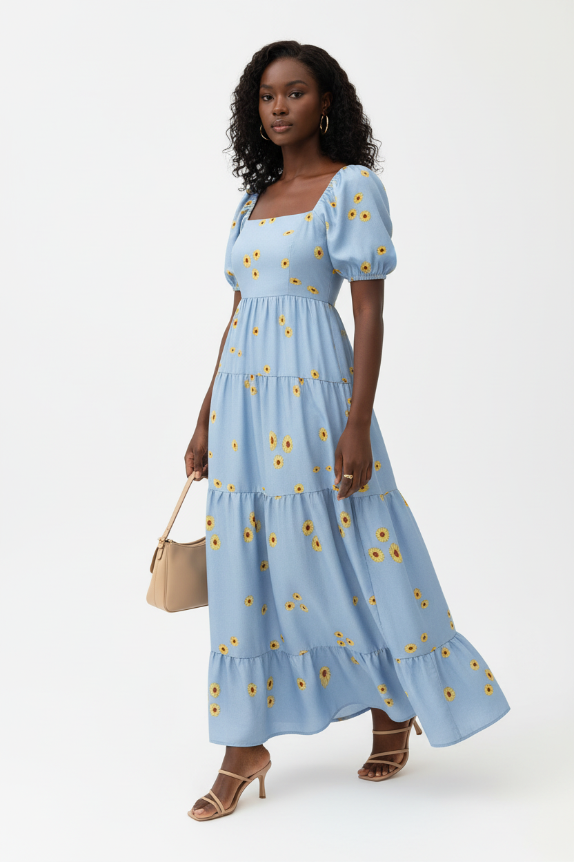 : Robe Maxi Étagée à Imprimé Marguerites Black-Coat bleu clair - vue trois-quarts en mouvement révélant les volants étagés