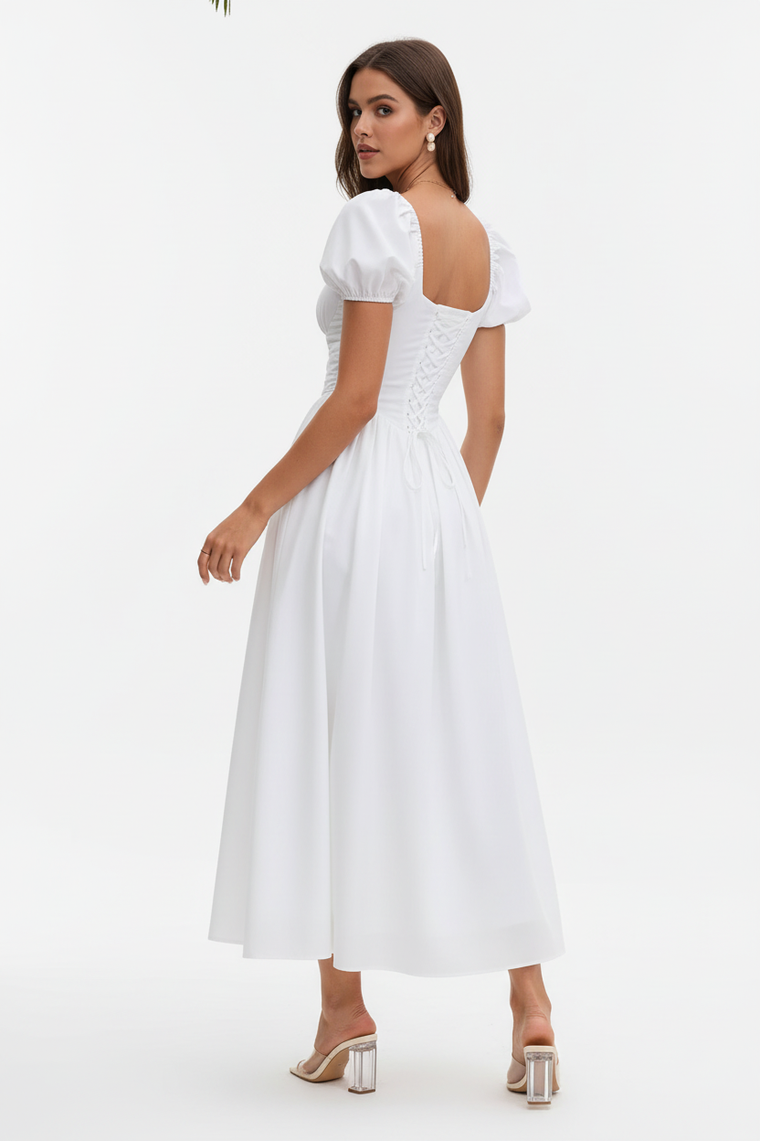 Robe midi col cœur manches bouffantes blanche avec détails dentelle - vue arrière trois-quarts avec mannequin regardant par-dessus l'épaule montrant laçage ajustable au dos corsage froncé et drapé élégant de la jupe midi - BLACK-COAT