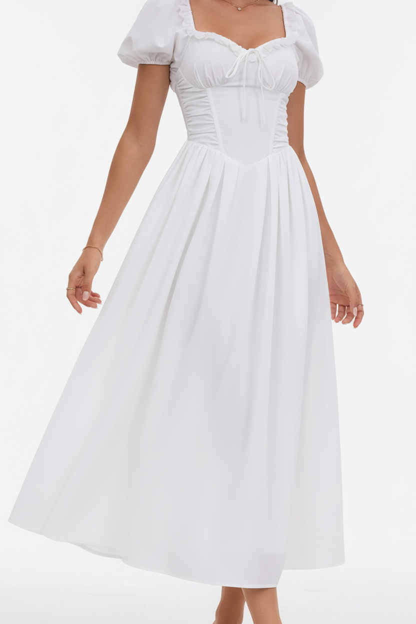 Robe midi col cœur manches bouffantes blanche avec détails dentelle - gros plan du bas de robe de la taille au mi-mollet montrant jupe midi en mouvement avec détail taille froncée et silhouette A-line élégante - BLACK-COAT