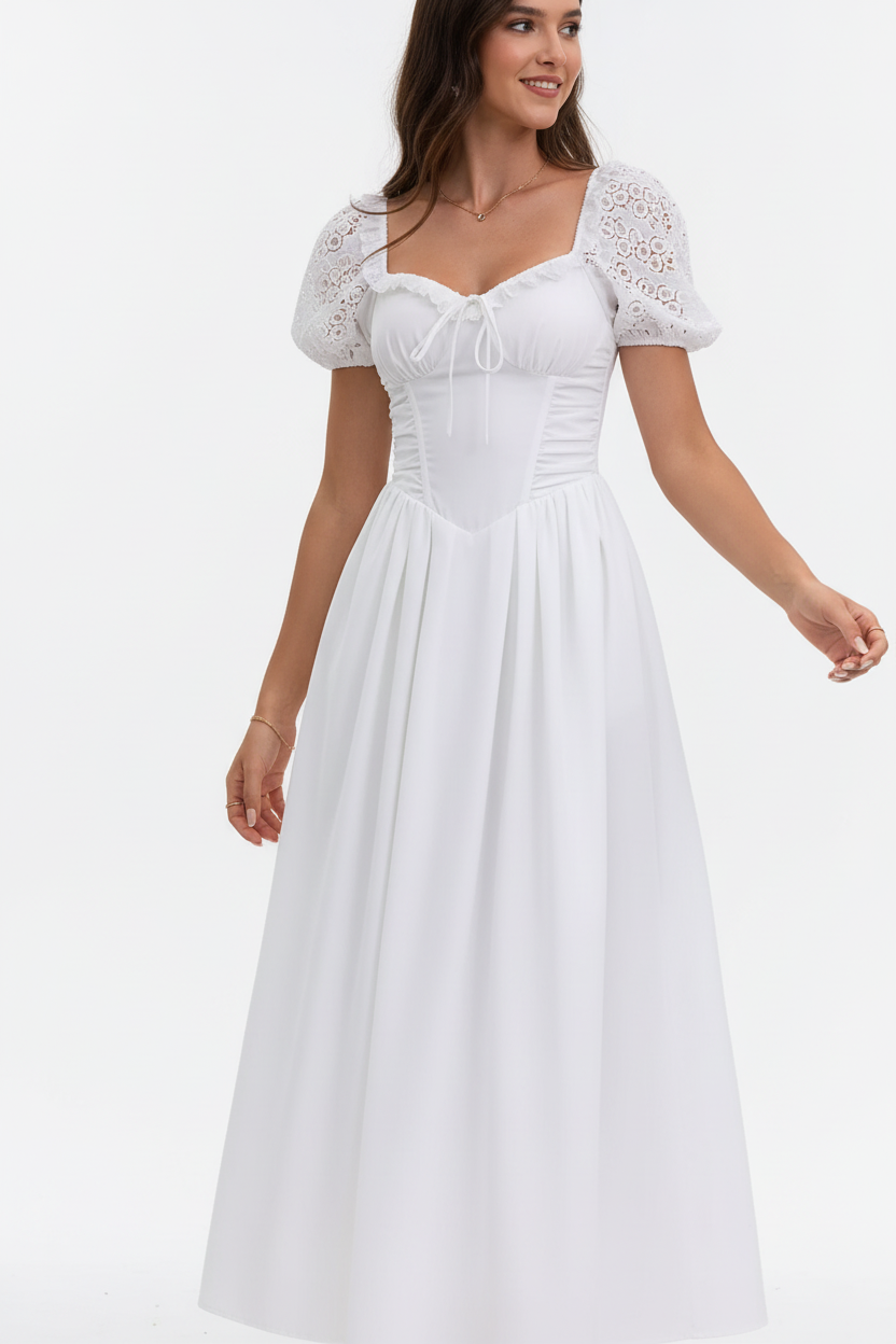 Robe midi col cœur manches bouffantes blanche avec détails dentelle - gros plan du buste montrant détails de l'encolure cœur flatteuse manches bouffantes volumineuses avec dentelle et corsage froncé avec mannequin en léger mouvement - BLACK-COAT