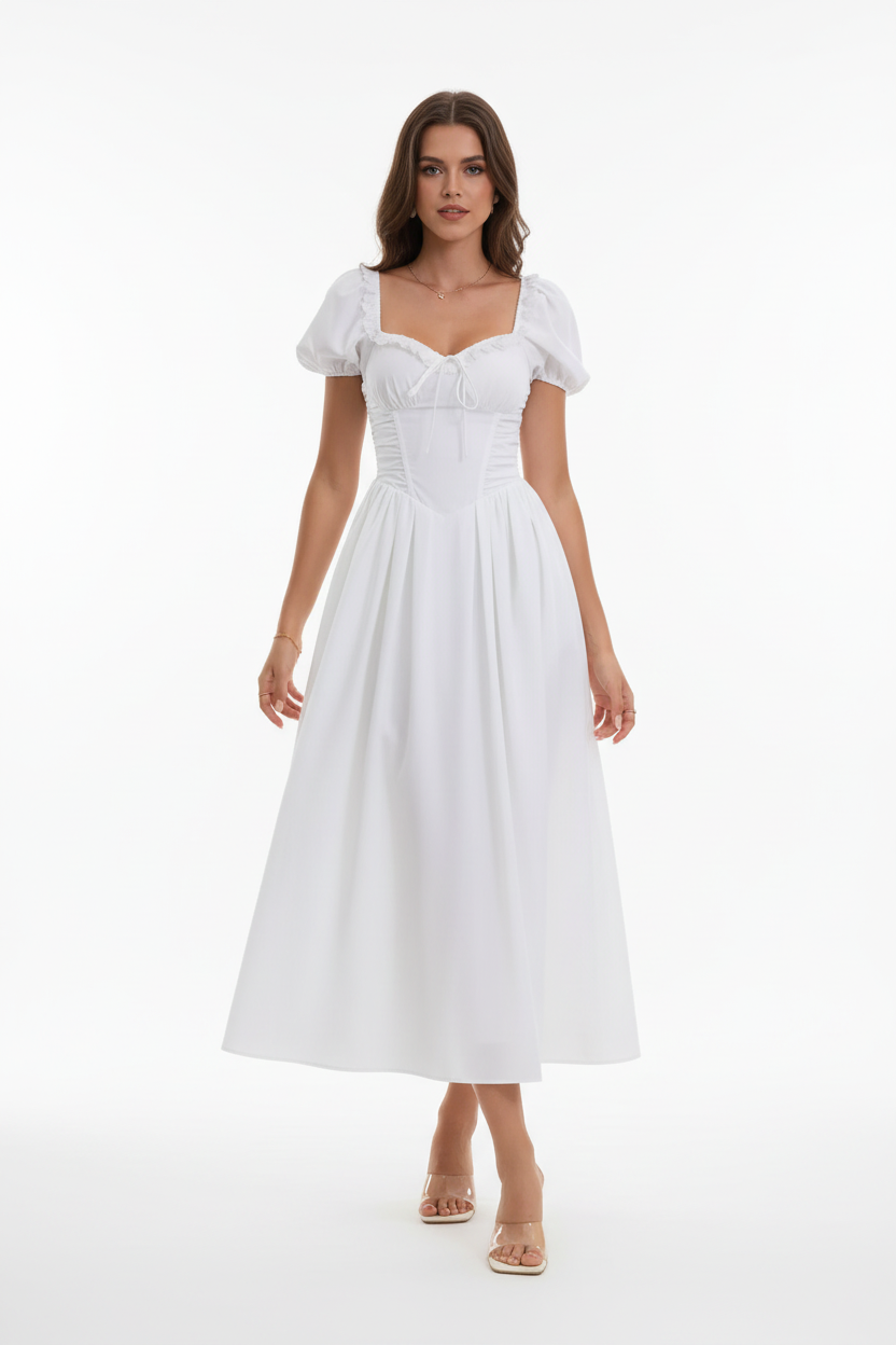 Robe midi col cœur manches bouffantes blanche avec détails dentelle - vue de face complète avec jambe avant créant flux naturel du tissu montrant encolure cœur manches bouffantes détails dentelle corsage froncé et silhouette midi intégrale - BLACK-COAT