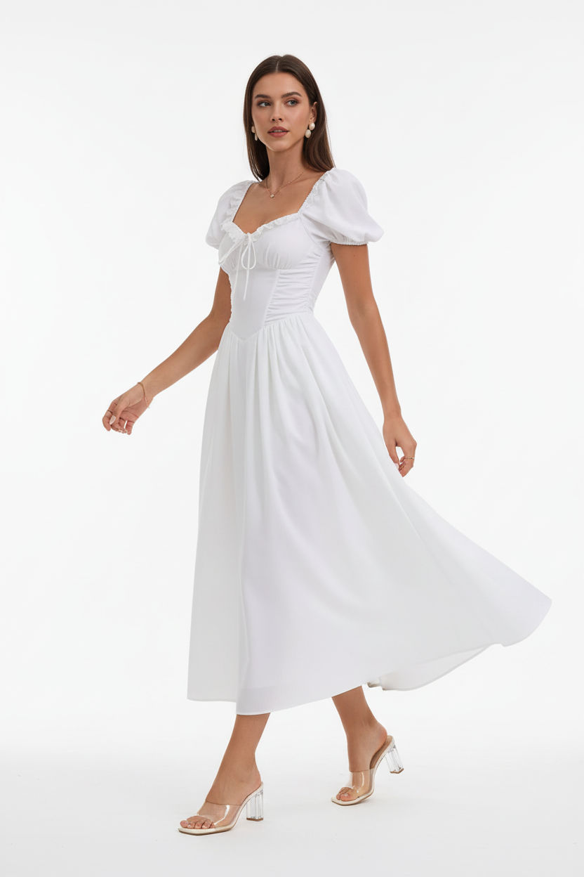 Robe midi col cœur manches bouffantes blanche avec détails dentelle - vue frontale-latérale capturant la marche dynamique avec jupe midi fluide en mouvement gracieux et manches bouffantes créant volume élégant - BLACK-COAT