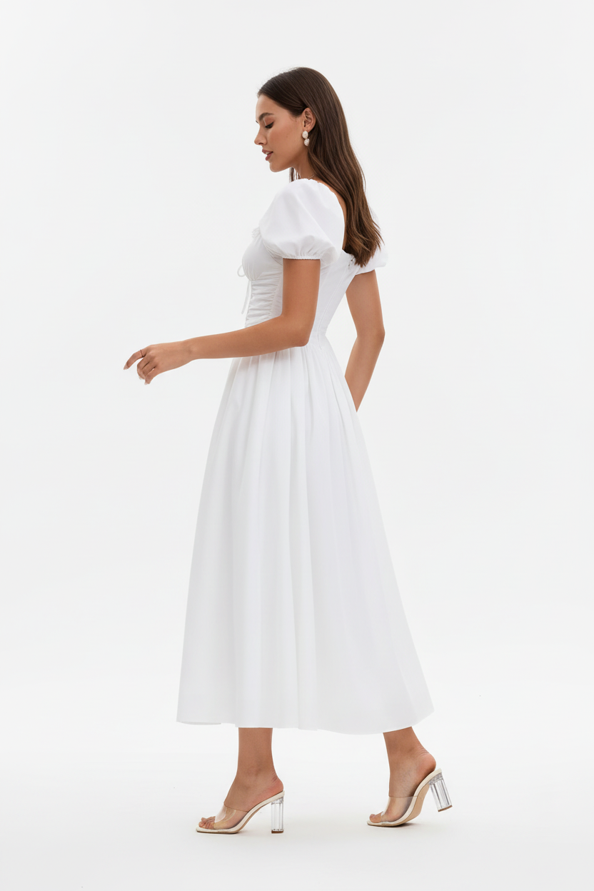 Robe midi col cœur manches bouffantes blanche avec détails dentelle - vue de profil opposé avec bras légèrement étendus montrant silhouette complète volume des manches bouffantes et longueur midi - BLACK-COAT
