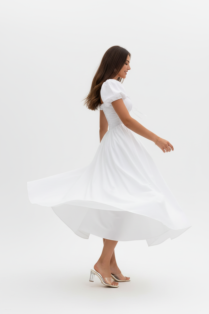 Robe midi col cœur manches bouffantes blanche avec détails dentelle - vue de profil latéral capturant le mouvement de rotation dynamique avec manches volumineuses et jupe midi fluide en mouvement gracieux - BLACK-COAT